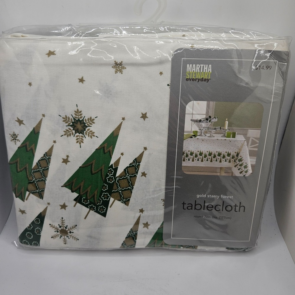Martha Stewart Everyday Gold Starry‎ Forest Christmas Tablecloth Round 70" NOS